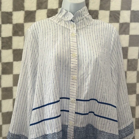 Terra Sj Apperal Large Blouse Shirt White Blue Linen Lagenlook - Picture 2 of 13